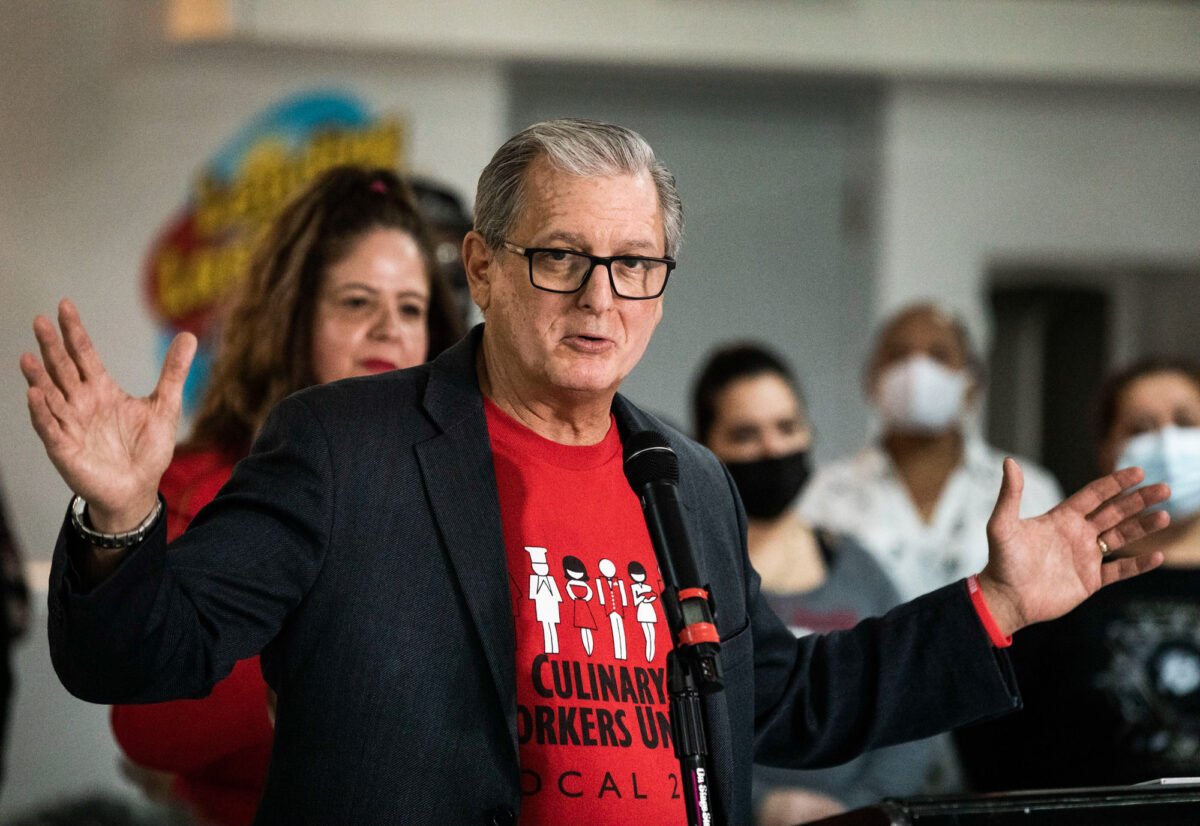 Ted Pappageorge, Secretary-Treasurer of the Culinary Union, during a news conference on Tuesday, March 29, 2022. (Jeff Scheid/The Nevada Independent)